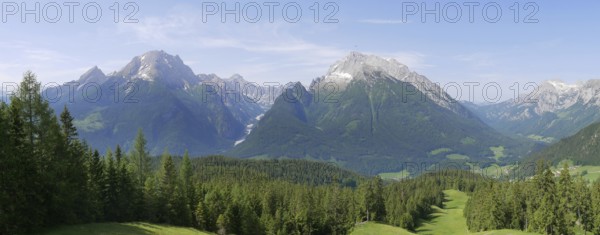 Panoramic view from HirscheckKaser to Watzmann, Hochkalter, Reiteralpe and Hintersee