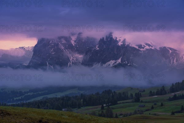 Panoramic view of the Langkofel Group from Seiser Alm in the Dolomites in South Tyrol, Italy, Europe
