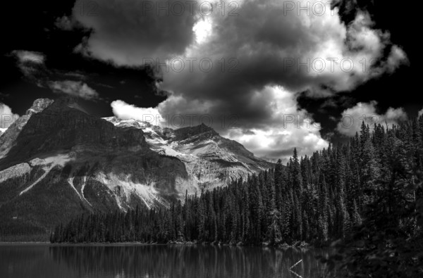 Emerald Lake and the Canadian Rocky Mountains as seen from inside Yoho National Park, in British Columbia, Canada, North America