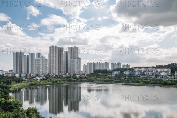 View of modern buildings and Gwanggyo Lake Park in Suwon, Korea