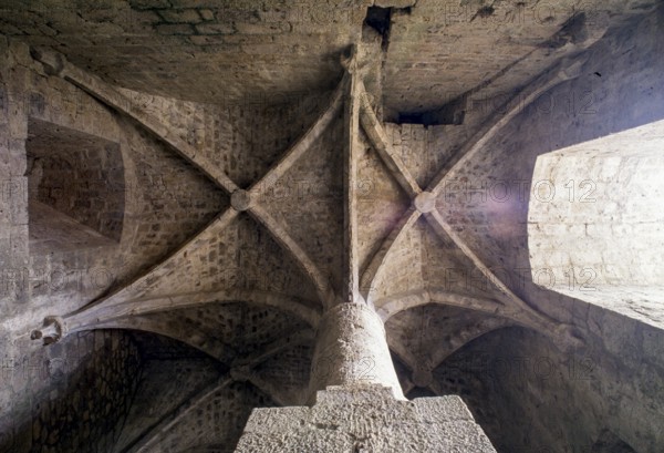 Queribus, Cathar castle Castèl de Querbús, vault in the pillared hall