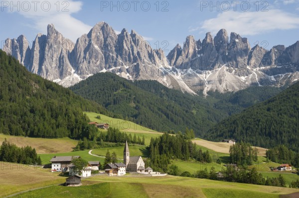 20.06.2019, St. Magdalena, Villnöss, Trentino, South Tyrol, Italy, Europe, The nature park in the Villnöss Valley with mountains of the Dolomites of the Puez Geisler Group, Europe