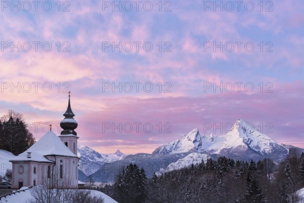 Watzmann at sunset with church, Bavaria, Berchtesgaden, Germany Alps