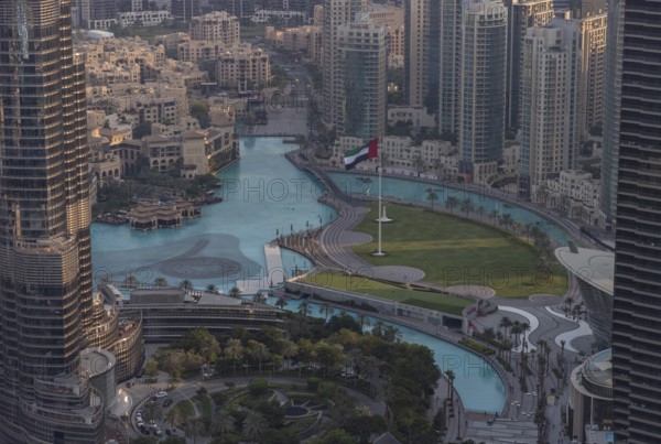 A picture of the Burj Khalifa Park and Lake as seen from above