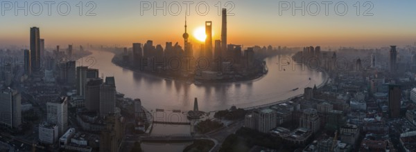 Panoramic Aerial View of Shanghai Skyline at Sunrise. Lujiazui Financial District. China