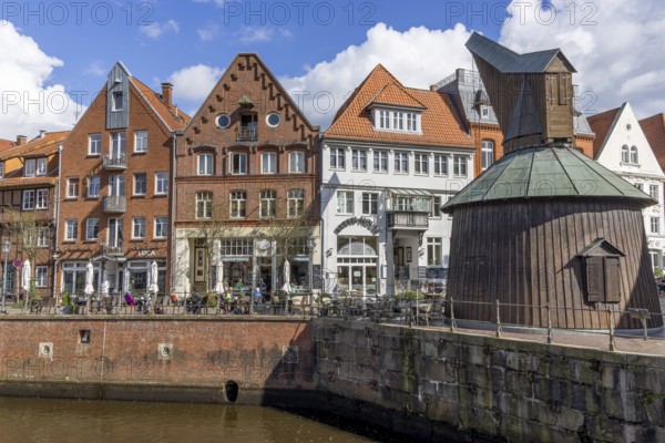 Historic half-timbered houses and gabled houses on the banks of the Old Hanseatic Harbour in the old town of Stade and old wooden steps at the fish market, Hanseatic City of Stade, Lower Saxony, Germany, Europe