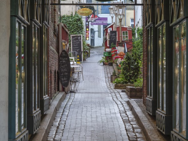 Narrow cobbled alley with old buildings and alleyway café in a cosy atmosphere, Flensburg, Schleswig-Holstein, Germany, Europe