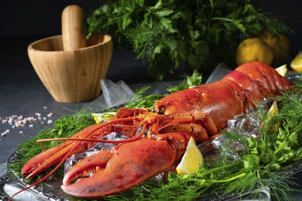 The cooked lobster on ice