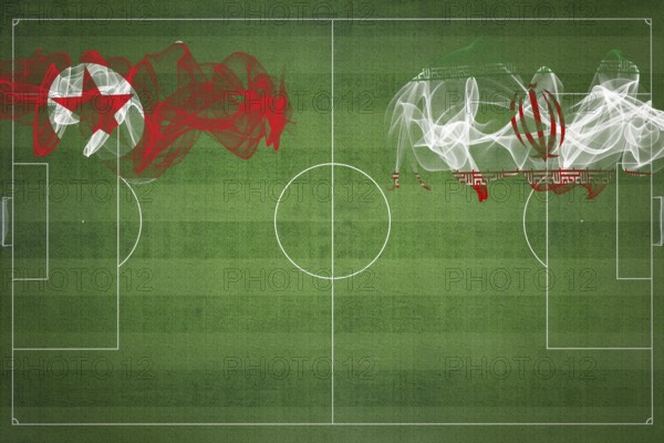 North Korea vs Iran Soccer Match, national colors, national flags, soccer field, football game, Competition concept, Copy space