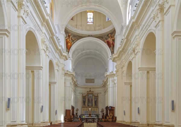 The interior is now simply painted white as the 18th century interior decoration was destroyed in the collapse of a large part of the Cathedral in 1996, Noto, Sicily, Italy, Europe