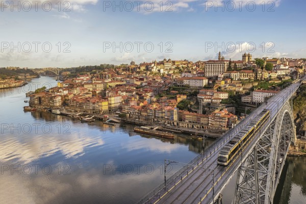 Porto Portugal city skyline at Porto Ribeira and Douro River and Dom Luis I Bridge