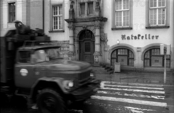 Germany, Eberswalde, 25.03.1992, Town hall with lorry of the Soviet Army in Eberswalde, (CIS), Europe