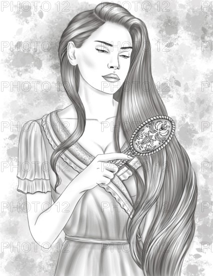 Woman In Gown Standing Greyscale Line Drawing Combing Beautiful Hair