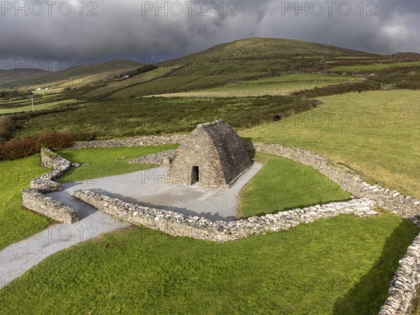 Gallarus Oratory aerial view (Séipéilín Ghallarais), early Christian church, Dingle Peninsula, County Kerry, Ireland, United Kingdom, Europe