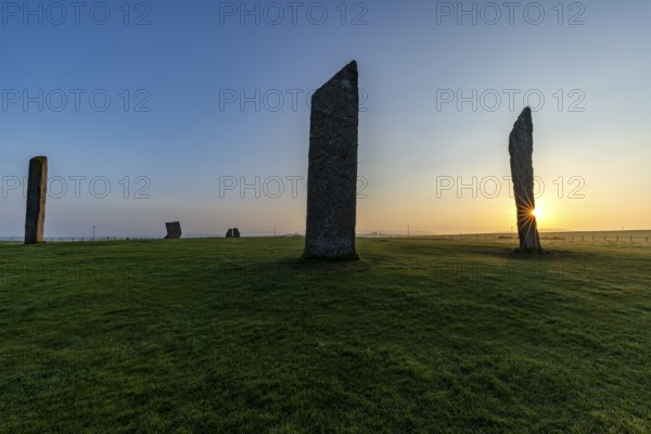 Stones of Stenness Circle and Henge at sunrise, stone circle and henge, Neolithic monument, UNESCO World Heritage Site, Mainland, Orkney Island, Scotland, Great Britain
