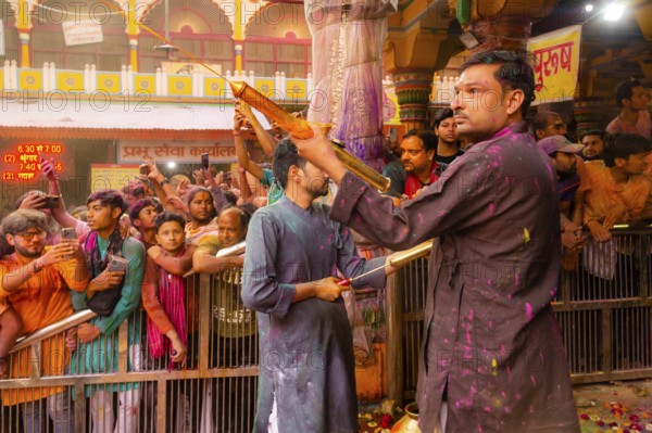 Holi Festival of Colors in Shri Krishna Temple in Mathura, India, Asia