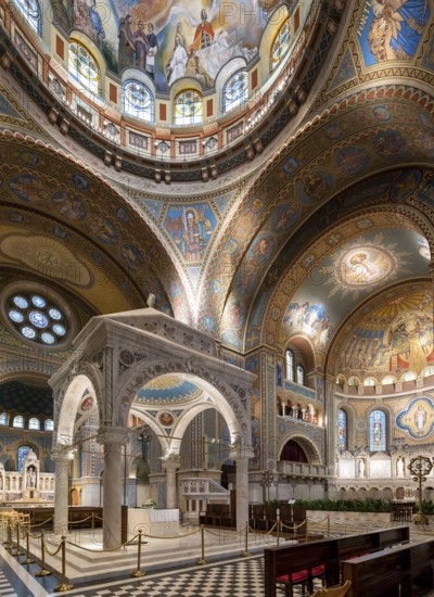 Szeged, Hungary, 14 October, 2022: view of the main transept and the altar of Saint Antony in the Votive Church of Szeged, Europe