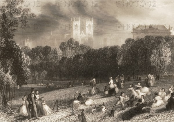 St James's Park, Buckingham Palace, Westminster Abbey, London, England, after Thomas Harvey, ca. 1800