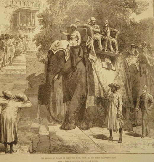Lithographs The Prince of Wales at Parbutty Hill, Poonah His first Elephant Ride, Pune, Maharashtra, India, Asia