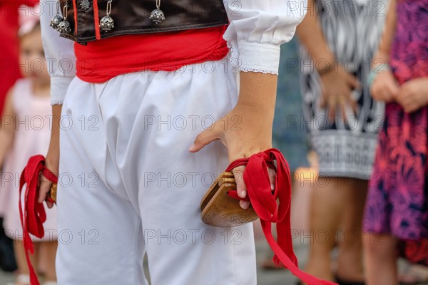 Musical castanets sounding, Traditional country dance ball pagès, typical Ibizan dance, Portinax, Ibiza, Balearic Islands, Spain, Europe