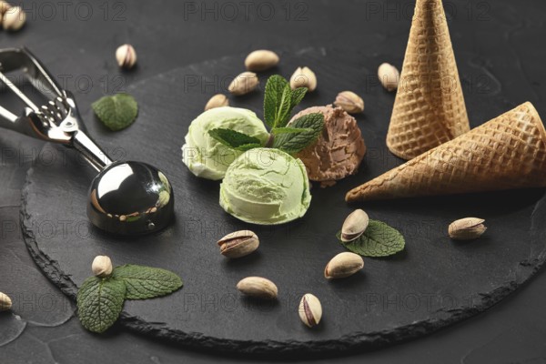 Nice chocolate and pistachio ice cream decorated with mint, waffle cones with scattered pistachios are nearby, served with a metal scoop on a stone slate over a black background. Close-up