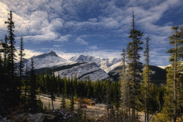 Beautiful autumn landscape scene in mountain in background in Jasper National Park west Canada