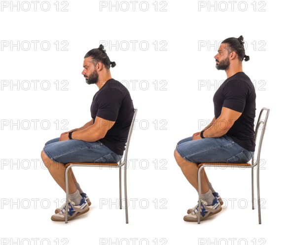 Collage of muscular bearded male with stooped and straight back while sitting on chair, isolated on white background
