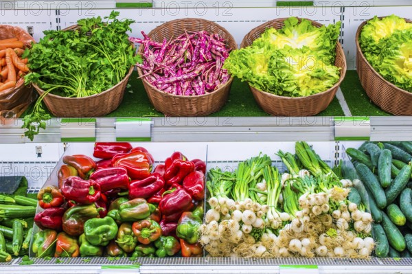 Fruits and vegetables on a supermarket shelf