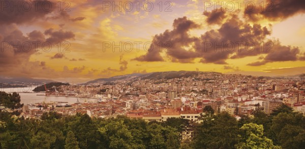 Vigo skyline and port sunset in Galicia of Spain