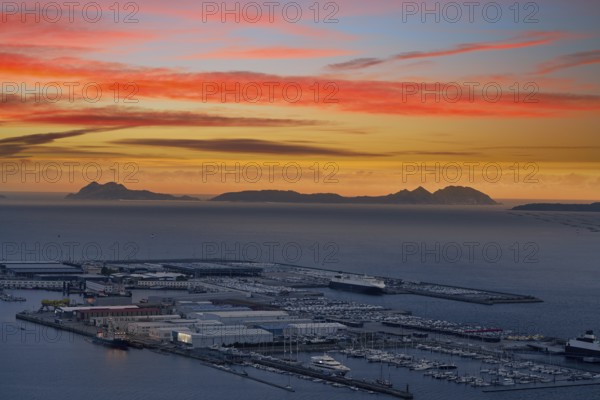 Vigo skyline and port sunset in Galicia of Spain