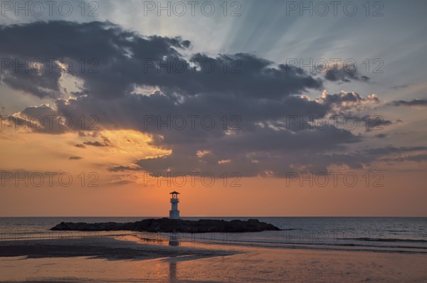 Sea, lighthouse, sunset, dramatic light mood, clouds, lighthouse, Ao Nang, Thailand, Asia
