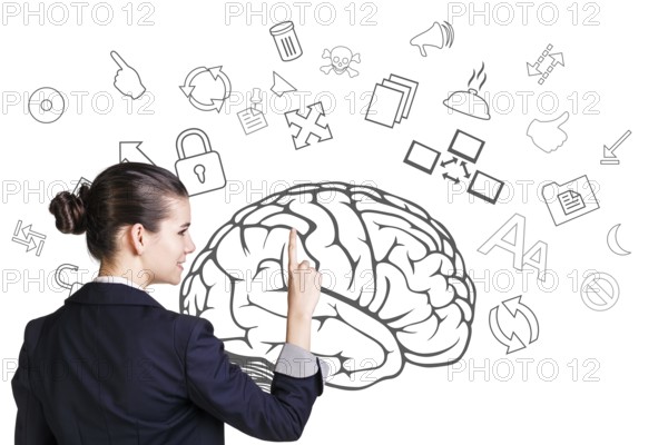 Business woman point to icons on the wall isotaled