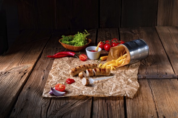 Rustic bratwurst with pommes and hot ketchup