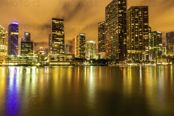 Night light view of Miami downtown buildings in Florida