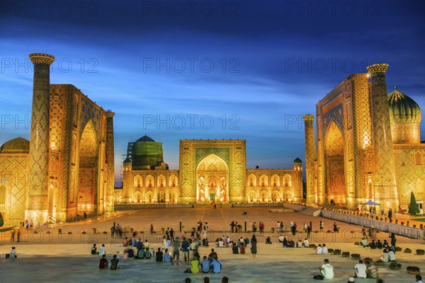 SAMARKAND, UZBEKISTAN - MAY 8, 2019: Registan, an old public square in the heart of the ancient city of Samarkand, Uzbekistan, Asia