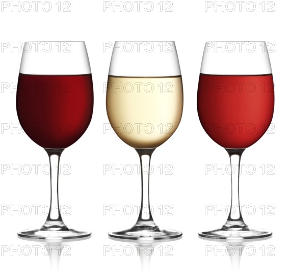 Glass of red, pink and white wine on a white background and with soft shadow. The file includes a clipping path
