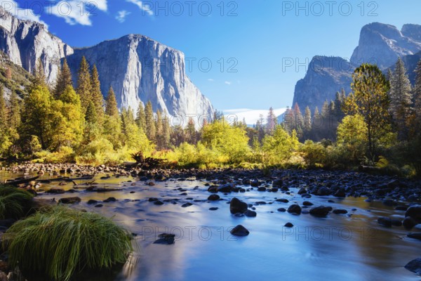 The view from within Yosemite Valley and Northside Drive of surrounding rock faces on a sunny autumn morning in California, USA, North America
