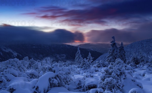 Early sunrise in the Karkonosze Mountains. Karkonosze National Park, Poland, Europe