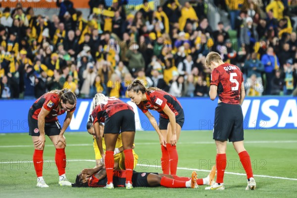 MELBOURNE, AUSTRALIA, JULY 31: Jayde RIVIERE of Canada goes down injured as Australia plays Canada at the FIFA Women's World Cup Australia New Zealand 2023 at Melbourne Rectangular Stadium on July 31, 2023