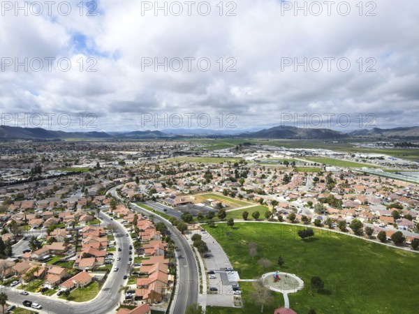Aerial view of small town Hemet in the San Jacinto Valley in Riverside County, California, USA, North America