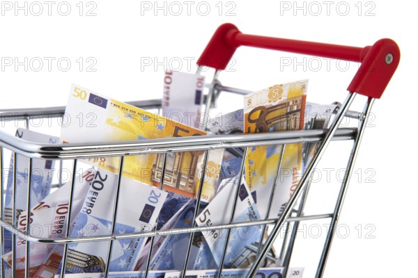 Shopping cart Euro banknotes isolated over white background