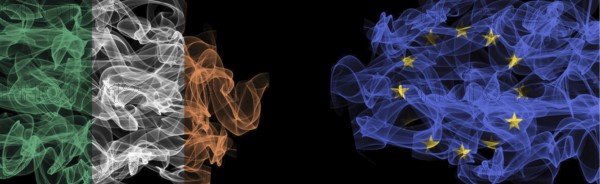Flags of Ireland and EU on Black background, Ireland vs Europe Union Smoke Flags