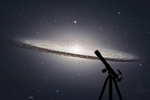 Space background with silhouette of telescope. Sombrero Galaxy M104 in constellation Virgo. Elements of this image are furnished by NASA