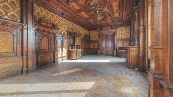 Historic interior with elaborate wood panelling and ceiling carvings, Villa Woodstock, Lost Place, Brill, Wuppertal, North Rhine-Westphalia, Germany, Europe