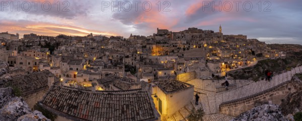 Panorama of the historic centre of Matera in southern Italy after sunset