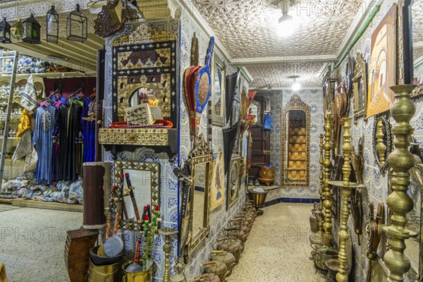 Marketplace in historic medina, full of souvenirs, leather bags, metal pieces, Tetouan, Morocco, North Africa, Africa