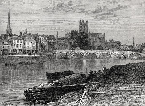 Cityscape of Worcester, Worcestershire, England, 19th century, From British Battles on Land and Sea, by James Grant