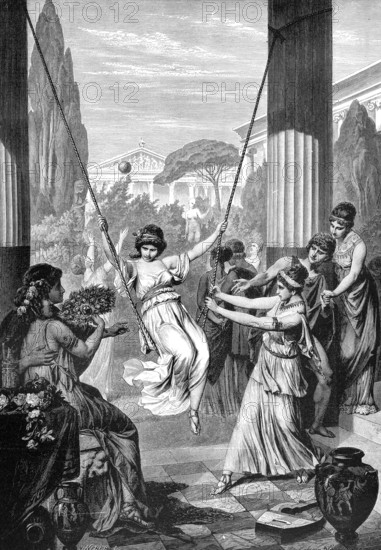 Girls playing with a children swing, Greek Allegory, ancient Greece