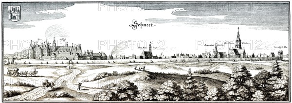 Panoramic view Schwedt / Oder, 17th century, Uckermark, Brandenburg, Germany, Europe, Historische Zeichnung, Stadtansicht von Schwedt / Oder, Uckermark, Brandenburg, Deutschland, im 17. Jahrhundert, Europe