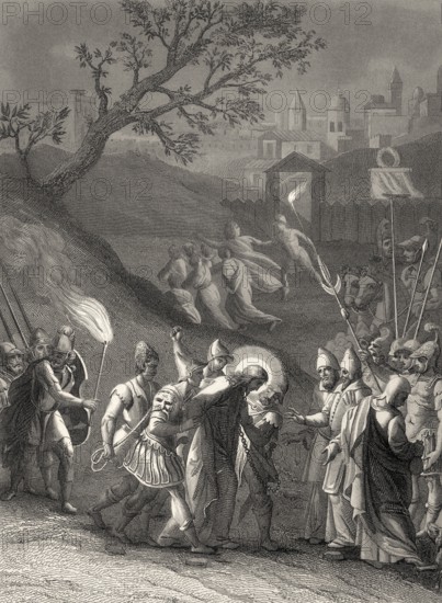 The arrest of Jesus Christ, Garden of Gethsemane, New Testament, steel engraving 1853, digitally restored